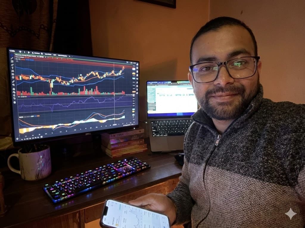 Desk setup with market charts