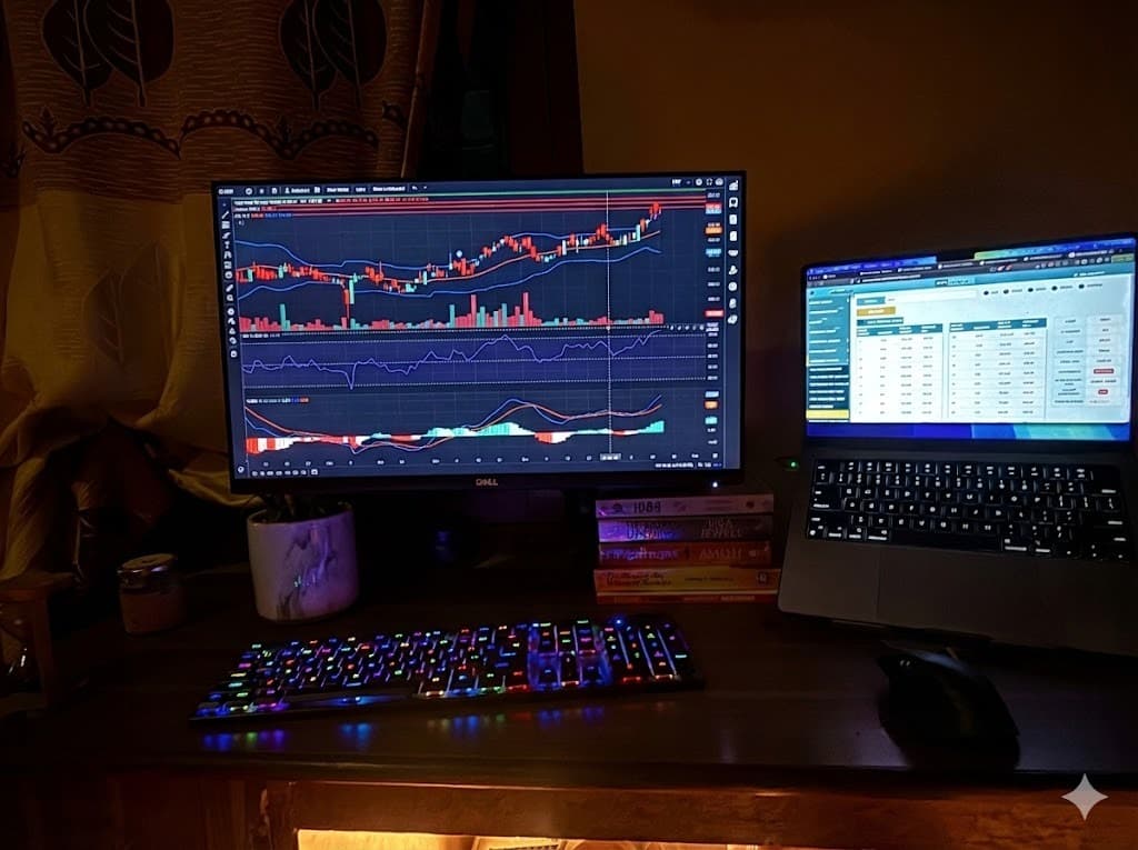 Market charts on a dual-screen desk